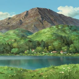 landscape with a lake and big mountains, direct sunlight, detailed, sharp focus, anime style, by studio ghibli and kazuo oga