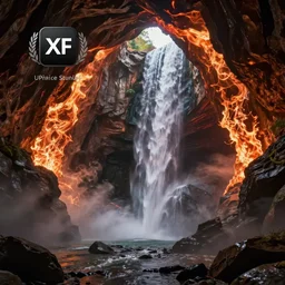 a beautiful and stunning professional digital artwork of a glowing infernal cave, haze, smoke floating in the air, waterfall, volumetric lighting, hyperrealistic, rtx on, ultra detail