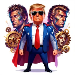 donald trump with sunglasses as supergero, maga stars stripes doom eternal with detailed faces enchanted psychedelic wide angle shot white background vector art illustration gears of war illustration gta 5 artwork of donald trump, in the style of gta 5 loading screen, by stephen bliss by hieronymus bosch and frank frazetta