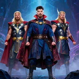 dr strange with thor, magical world, by greg rutkowski, sung choi, photo realistic, 8 k, cinematic lighting, hd, atmospheric, hyperdetailed, trending on artstation, devainart, digital painting, glow effect