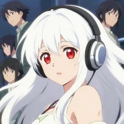 anime poster visual, portrait of a portrait of a young woman, large red eyes, white hair!!!!!, long, wearing wireless headphones, cute face by ilya kuvshinov, yoshinari yoh, makoto shinkai, katsura masakazu, dynamic perspective pose, detailed facial features, kyoani, rounded eyes, crisp and sharp, cel shade