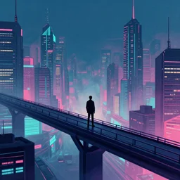 “ a man standing on top of a bridge over a city, cyberpunk art by vincent lefevre, behance contest winner, altermodern, cityscape, synthwave, matte painting ”