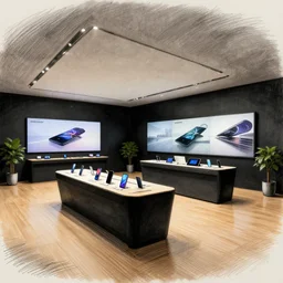 concept art, black ink, copic markers, landscape format, award winning on artstation, masterful, atmospheric stylized lighting!!!!!!!!!! ( ( ( ( ( serious grounded balanced muted flagship samsung store, black walls. timber floor. low ceilings with spots. curved furniture, with large digital screen. display tables with phones and tablets, pots with plants, large digital screens on the walls ) ) ) ) )