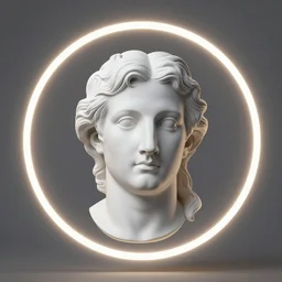 a neon ring surrounding a renaissance statue head
