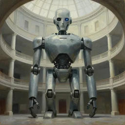 brutalist giant unfeeling robot bishop visage, portrait, atrium, rotunda, dystopian, pj crook, edward hopper, oil on canvas