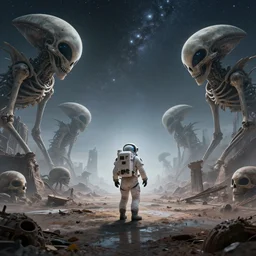 distant low angel photograph of an astronaut exploring an abandoned alien planet with giant alien skeletons, alien skulls, fallen kingdom city ruins, science fiction, detailed space suit, cinematic, hypermaximalist, detailed, 4k, 8k, breathtaking stars, surrealism, distant, concept art, digital art, sharp focus, reflections, RTX, octane render, acid pixie, Trending on DeviantArt