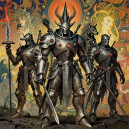 composition of gothic and futuristic, warhammer, animals in cyber armor, the middle ages, highly detailed, artstation, in the style of moebius, jugendstil and classic japanese print, psychedelic, art by art by jean delville