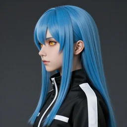 profile shot of rimuru tempest, sky blue, straight hair, long bangs, | amber eyes | wearing a black jacket with white stripes, high collar, highly detailed, unreal engine 5, digital painting, cinematic, wlop | artgerm, pixiv, yoshitaka amano, greg rutkowski, ilya kuvshinov, andy warhol