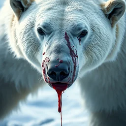 closeup professional nature photography of a magestic polar bear with blood on its face