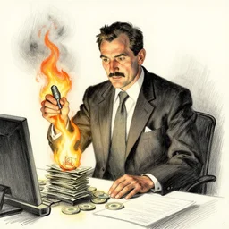 greedy CEO burning money, drawn by Andrew Loomis