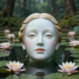 hyperrealistic cinematic 3 d scene of a woman's porcelain face floating in a pond, surrounded by a forrest of lillies, deep focus, intricate, elegant, highly detailed, matte, sharp focus, by bill henson and gregory crewdson and james jean and daniel arsham