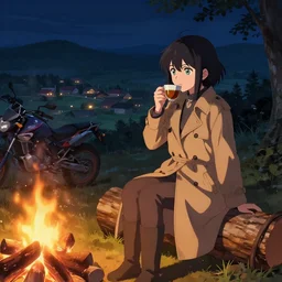 Panoramic photograph on an anime girl with short black hair and green eyes in a tan trenchcoat sitting on a log and drinking tea by the campfire by her motorrad at night, ray tracing, large landscape with village, Jakub Rozalski