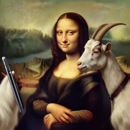 A extremely highly detailed majestic hi-res beautiful painting inspired by the mona lisa of a goat taking a picture with an Ipad by Franz Xaver Winterhalter, high detail, hyperrealistic, photorealistic, octante render, cinematic, high textures, hyper sharp, 4k insanely detailed and intricate, hypermaximalist, 8k, hyper realistic, super detailed, 4k HDR hyper realistic high quality