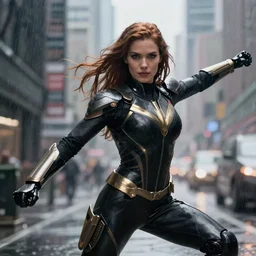 closeup vfx marvel sci-fi woman black super hero robot photo real full body action pose, city street cinematic lighting, rain and fog by Emmanuel Lubezki