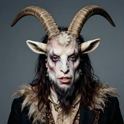 Tim Curry in Elaborate Pan Satyr Goat Man Makeup and prosthetics designed by Rick Baker, Hyperreal, Head Shots Photographed in the Style of Annie Leibovitz, Studio Lighting
