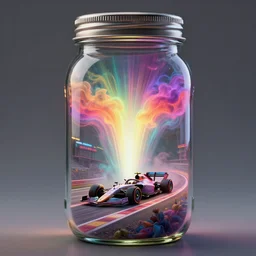 [ palate ] [ nebulous energy ] [ muted neon colors ] formula one racetrack inside of a mason jar, racetrack preserved inside a glass jar, award winning composition, vibrant neon nebulous clouds, symmetrical details, hyper - realistic illustration, radiant light rays, photorealistic, intricate and fine details, volumetric lighting,