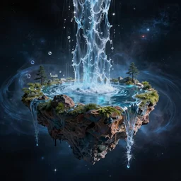 a floating island in space, water flowing, surrounded by nebula, by alena aenami