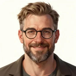 appalachian white man, short hair, light brown hair, wisps of gray hair, undercut, whispy beard, glasses, bushy eyebrows, wide neck, smiling, salt and pepper hair, strong nose, hazel eyes, strong brow, strong cheekbones, portrait by shinkai makoto key by artgerm by lau rossdraws by james jean by marc simonetti elegant highly detailed digital painting artstation pixiv