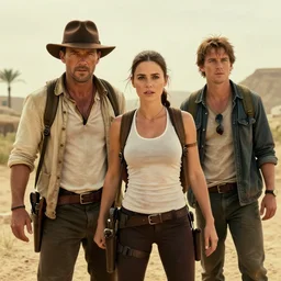 still from the  movie with Indiana Jones (played by chris pratt), Lara Croft (played by Alicia Vikander) and Nathan Drake (played by tom holland), award-winning cinematography, 4k