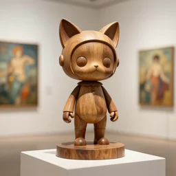 3D octane render ultra 8K photorealistic hyperdetailed unreal engine ,a wooden sculpture,art toys on a pedestal ,a very cute mystical robot of the bohemian with cat’s ears in a zen rebelle heroic pose ,concept art ,trending on cgsociety ,artwork masterpiece , in a contemporary art gallery in neo Paris by Alphonse Mucha
