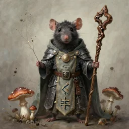 a gaunt ghoulish rat wearing a dnd cleric's outfit, druidic runes, mushrooms and spores, soft portrait, complete with a tabard and suit of armor and intricate wooden staff, magical realism, rhads, ray swanland, gary chalk, ( rembrandt )