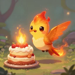 a cute adorable small flaming fire elemental hummingbird baking a cake deviantart Greg rutkowski league if legends concept art