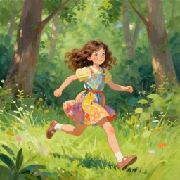 a 1 7 years girl with long curly brown hair and blue eyes wearing colorful clothes is running in a summer forest, beautiful painting by artgerm and greg rutkowski
