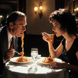 candid photo of a dinner date with Orson Welles and Elizabeth Taylor eating spaghetti