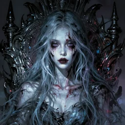 a portriat of ghost girl, close up face of single girl on throne, wispy ink horror, neochrome colors, realistic render, portrait of beautiful pale woman, zombie art, photo pic by matte painting