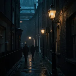 a gloomy city of the 1 8 0 0 s dimly lit by london style lanterns, cinematic, noir movie style