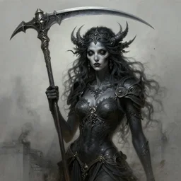 stunning goddess of death portrait, scythe, ashes, dark skin, fantasy, intricate, elegant, highly detailed, digital painting, artstation, concept art, smooth, sharp focus, illustration, art by krenz cushart and artem demura and alphonse mucha and tony sandoval and luis royo