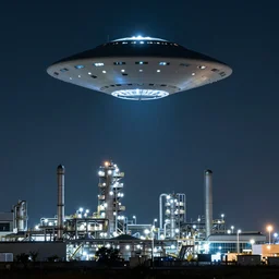 ufos sparkling in the night sky above an industrial park