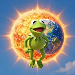 Kermit the Frog flying straight into the Sun, Earth far behind him, hyperdetailed, artstation, cgsociety, 8k
