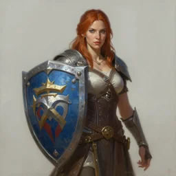 a painting of a woman holding a shield, concept art by Michael Komarck, Artstation, fantasy art, detailed painting, concept art, 2d game art
