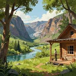 a homesteader standing on the porch of his log cabin. pastoral tribute to daniela uhlig. a wide expansive valley with verdant foliage, tall broad oaks, a beautiful pellucid river running betwixt gorgeous igneous rock driven up by glaciers borderlands cel-shading illustration ismail inceoglu