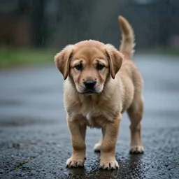 a very sad puppy in the rain, lonely, scared, moody lighting