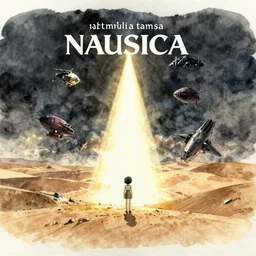 anime movie screenshot, ( ( paper texture ) ), ( ( detailed watercolor ) ) one lonely character by tatsuyuki tanaka, vanishing point, by ghibli!!! nausicaa!!, desert!!!, crashed starship, rim light, long shadows, bright, miyazaki, airship, gloomy, dark, ( ruan jia )