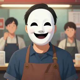 portrait of a cinematic still of miyamotoas as the happy mask salesman, art by lois van baarle and loish! and ross tran and rossdraws and sam yang and samdoesarts and artgerm and saruei and disney, digital art, highly detailed, intricate, sharp focus, trending on artstation hq, deviantart, 4 k