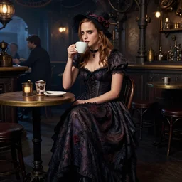 full body portrait photo of emma watson wearing a elegant gothic dress, open top, wearing a chocker and cute hat, drinking coffee in a ( ( busy ) ) steampunk cafe interior, dim studio lighting, at night, ( ( photograph ) ), moody, realistic, detailed, low light, skin tinted a warm tone, light blue filter. ( ( even lighting )