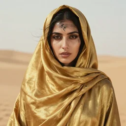 close up fashion portrait of woman in solid gold burkah, covered in black oil, in the windy desert by tim winton and wes anderson