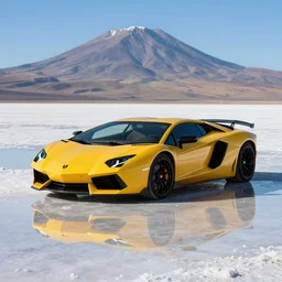 photo of a lamborghini in the salt plains of bolivia, water, reflections, sunny day