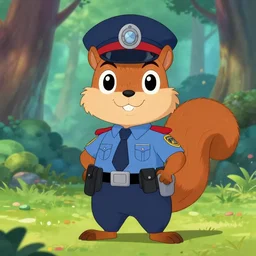 don bluth, loish, artgerm, joshua middleton, steampunk, clockpunk anthropomorphic squirrel, full policeman outfit, smiling, symmetrical eyes symmetrical face, colorful animation forest background
