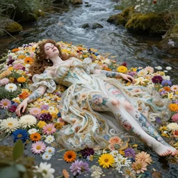baroque portrait of a icelandic princess of porceline skin, full body floral tattoos lying down in a river made of thousand of flowers, cinematic lighting, photorealistic, octane render, 8 k, depth of field, art by artgerm and greg rutkowski and alphonse mucha and uang guangjian