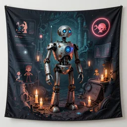 a beautiful tapestry of a dream, a robot standing, ultra detailed, dark, steampunk, moody, candles, neon signs, infographic, characters from machinarium, by don bluth, trending on artstation, octane render