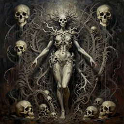 a hiper intricate oil portrait of a godess of death, drip painting, skulls, excelent composition, wide shot, by zdzislaw beksinski, intricate, horror atmosphere, unreal engine 5 highly rendered, global illumination