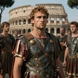 a portrait of the romans time travelling to the modern world they are confused and some of them are looking around great photography