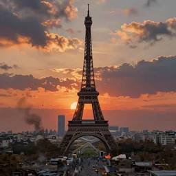 decrepit eiffel tower in the foreground, a post apocalyptic paris cityscape after a nuclear war, beautiful radioactive sunset lighting, beautiful painting, fallout