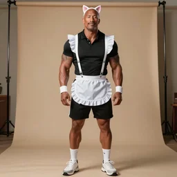 Dwayne Johnson wearing a maid dress and cat ear headband, photorealism, photorealistic imagery, fullbody model shoot,