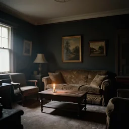 the living room of an old lived in house, dark walls with framed art, old furniture, no windows, candlelight, dust