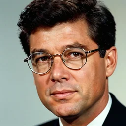 A colorful studio portrait of JFK wearing elegant thin-rimmed glasses; f/1.4, 90mm, extraodinary masterpiece!!!!!!